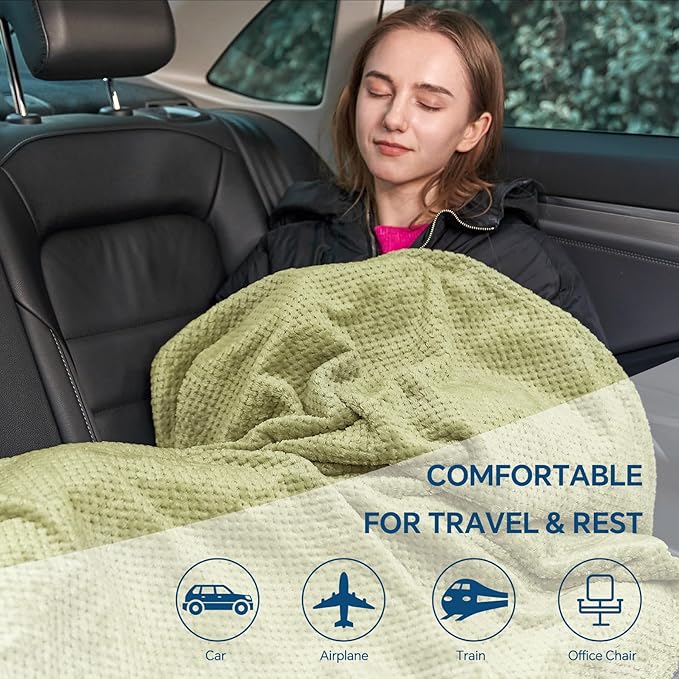 BEDELITE Travel Blanket with Bag, Ultra-Soft Jacquard Fleece Blanket with Luggage Sleeve & Backpack Clip, Airplane Blanket Travel Essentials, Sage Green
