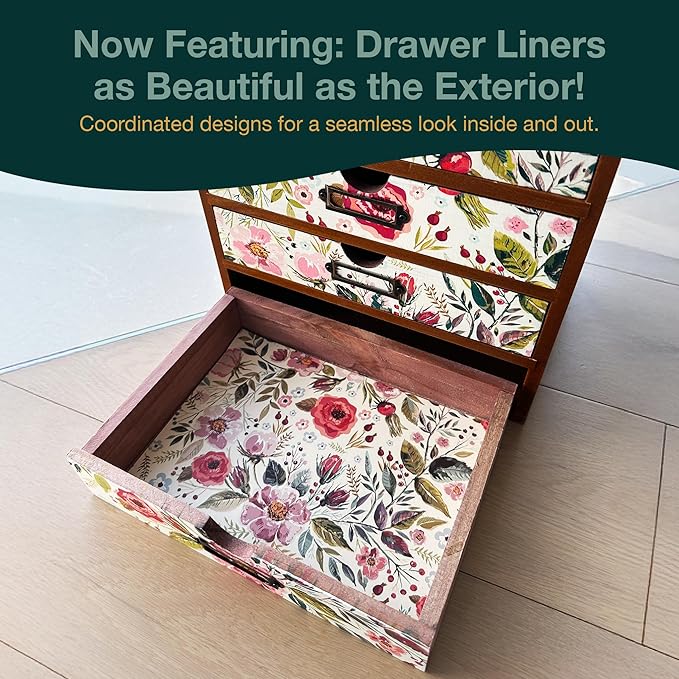 4-Drawer Vintage Desk Wood Storage Box With Drawers in Floral Chintz - Wooden Table Organizer I End Clutter & Dullness, Personalize Your Workspace - Beautiful Flower Design for Office & Home