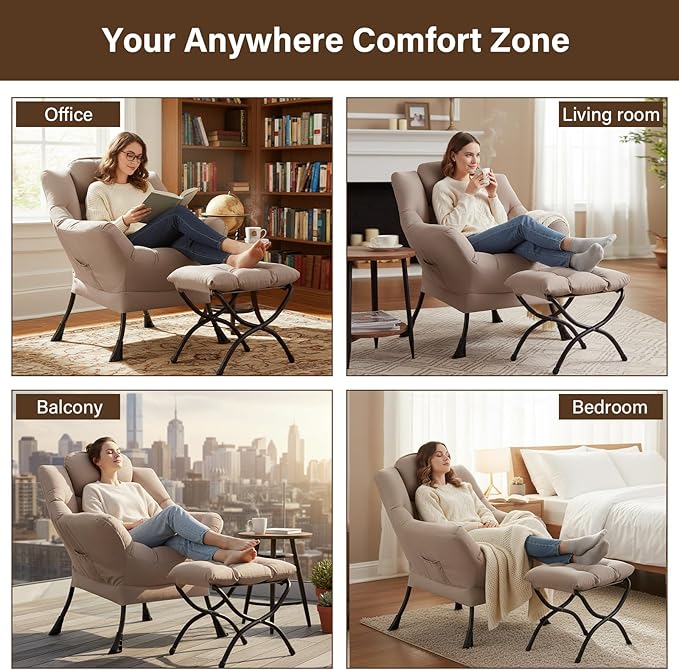Welnow Lazy Chair with Ottoman, Modern Reading Lounge Accent Chair with Armrests and a Side Pocket, Leisure Upholstered Lazy Sofa Set with Footrest for Small Space, Khaki
