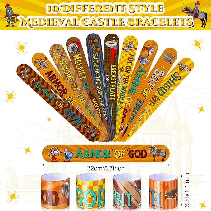 Frienda 40 Pcs Knight Slap Bracelets for Kids Bulk Medieval Theme Party Favors Slap Bracelets Armor of God Christian Bible Verse Religious Wristbands for Sunday School Supplies Classroom Rewards