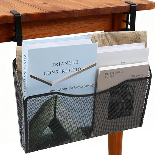 Clamp On Desk Organizer, 2-IN-1 Under Desk Side Organizer Storage Hanging Wall Mounted File Holder Under Desks Drawer Mesh File Organizers for Office Home Room Storage Basket
