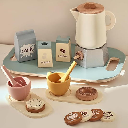 EERKEOD Tea Party Set for Kids Wooden Tea Sets for Toddler Girl Toys Pretend Play for Little Girls Kitchen Play Food Accessories Sets Wooden Educational Toys Gifts with Silicone