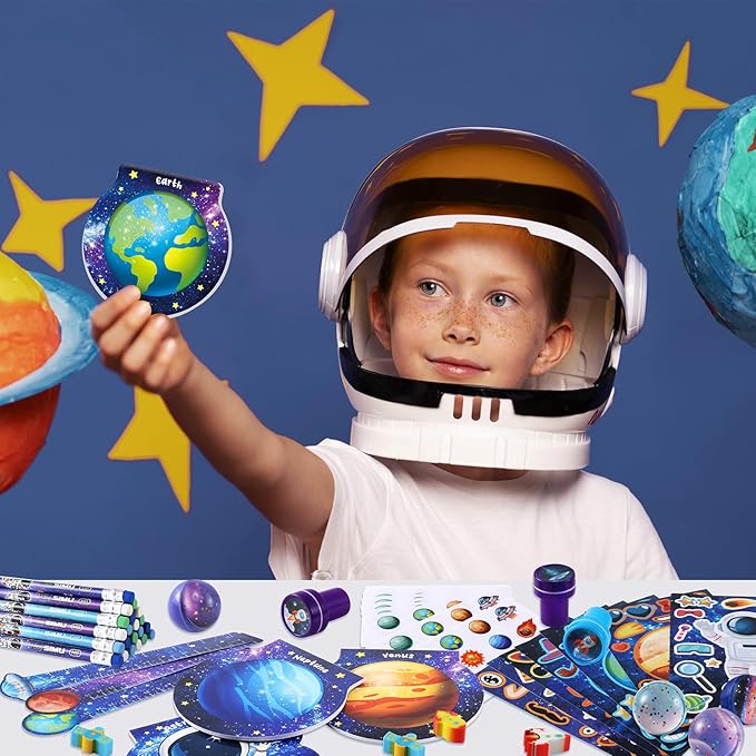 BenLouis 216Pcs Outer Space Themed Party Favors Space Alien Sticker Stampers School Stationery Set Bulk Classroom Prizes for Astronaut Planet Birthday Party Goodie Bags Fillers