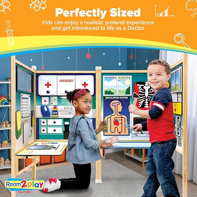Large Kids Pretend Play Set for Toddlers Ages 3+ Years –Wooden Toy Playset Folds Away for Easy Storage with 20 Fun & Interactive Pieces (Doctor's Office)