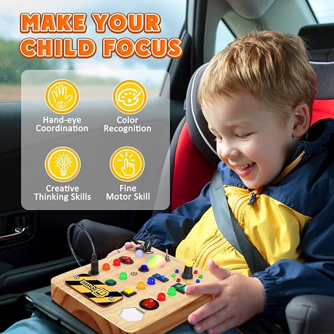 Busy Board with LED Light, Wooden Sensory Toys for Toddler, Montessori Music Toy for Airplane, Travel Activity Educational Learning Autism Toys, Birthday Boys Girls Gifts