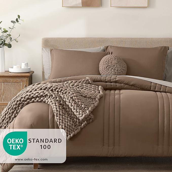 Monbix Queen Comforter Set - 7 Pieces Raw Umber Bed in a Bag Queen Bedding Sets with Comforters, All Seasons Comforter Bed Set with Sheets, Pillowcases & Shams