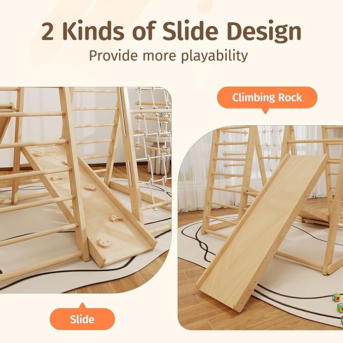 Indoor Jungle Gym, Montessori Climbing Toys, Toddler Indoor Playground Set 8-in-1 with Swing, Armband, Rock Climb Wall, Slide, Monkey Bar, Wood & Rope Ladder, Rope Wall Ladder for Kids 1-8yrs