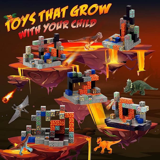 Magnetic Blocks 110PCS with 6 Animal Toys, Volcano Building Blocks Set, Toys for Boys & Girls Age 6-8, Stacking Building Toys for Toddlers Sensory Toy for Kids 6+