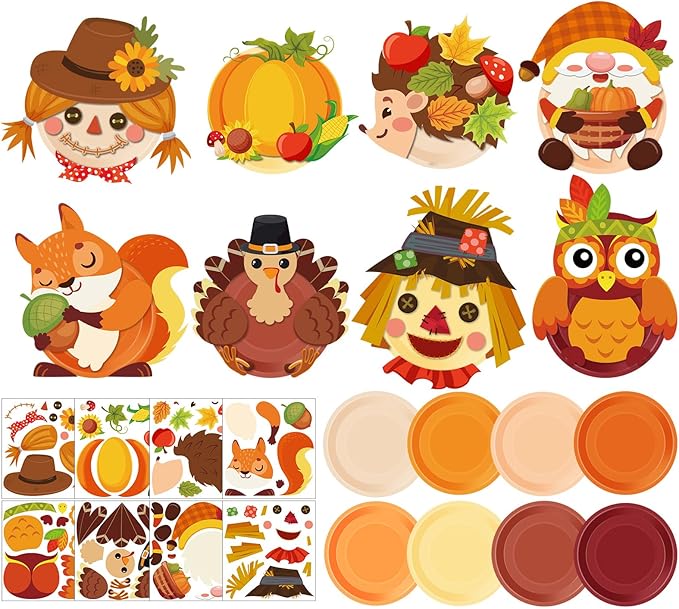 Layhit 24 Pieces Fall Crafts for Kids Fall Plate Craft KitsAutumn Pumpkin Turkey Educational Crafts Thanksgiving DIY Craft Projects for Kids Ages 6-8 8-12 Fall Party Supplies Decorations, 8 Styles