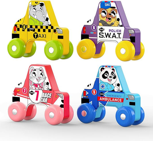 BEKILOLE 4 Wooden Race Cars Montessori Learning Toys for 6-12-18 Months Birthday Gift Travel Toy for 1 2 Year Old Boy Girl Infant Toddlers 8 9 10 Months Old with Tracing Flash Cards