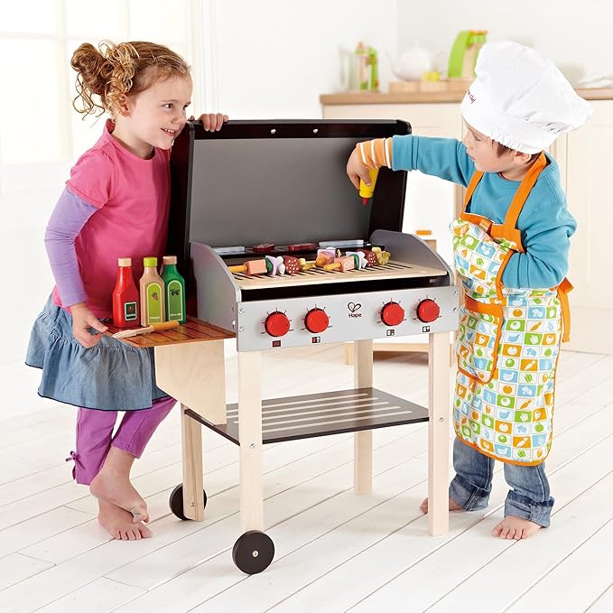 Hape Wooden Gourmet Grill and Shish Kabob| Pretend Playset Cooking Sets with Play Food for Kids