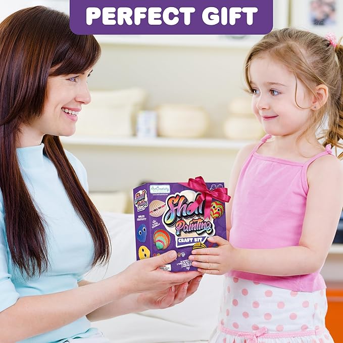 ArtCreativity Seashell Painting Kit for Kids - Sea Shell Craft Kit with 12 Real Seashells, 8 Paint Pots, 2 Glitter Paint Tubes, Air Dry Clay, and More - Summer Arts and Crafts Kits for Girls Ages 4-12