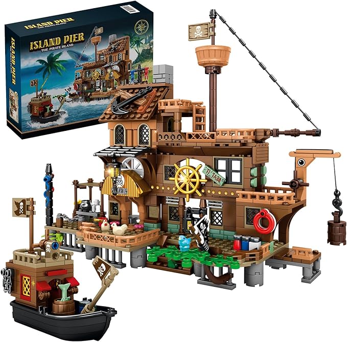 RiceBlock Pirate Ship Building Toys, Pirate Wharf Themed City Store Building Bricks Sets for Boys Age 8-12, 573 Pieces, Ideal for New Year 2024