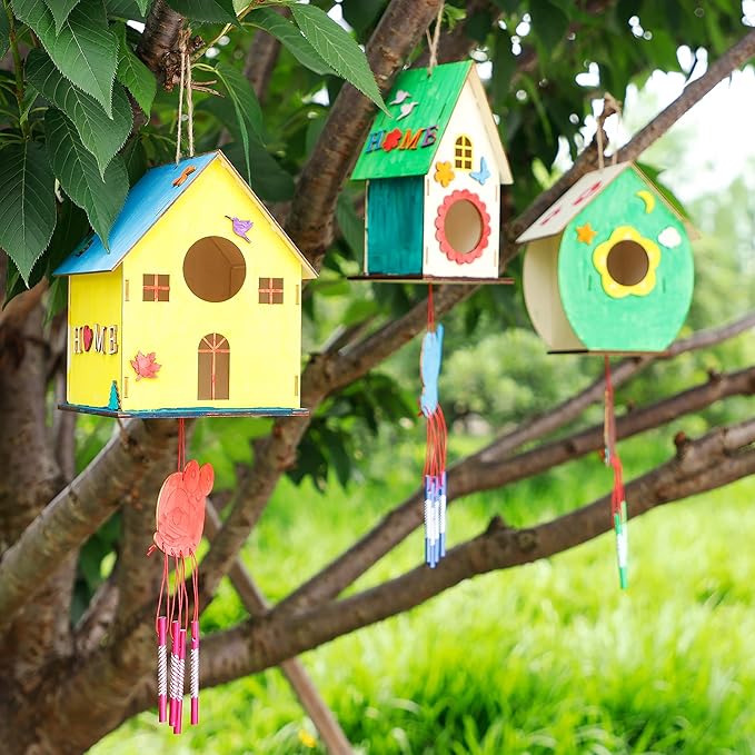 3 Pack Bird Houses for Outside, DIY Bird House Wind Chime Kit, Bird House Kits for Children to Build, Wooden Bird Houses to Paint, Wooden Craft Kits for Kids Girls Boys Toddlers