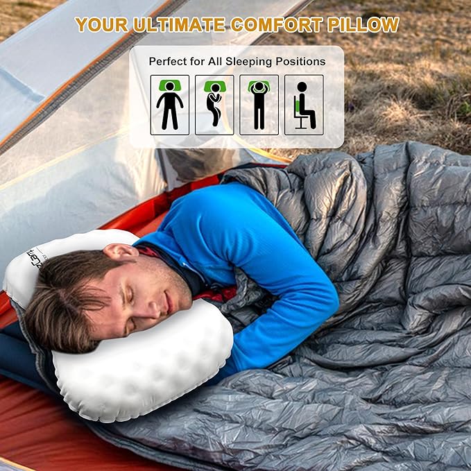 BreezCamp Camping Pillow with Soft Cover, Lightweight Inflatable Pillow for Neck Lumbar Support,Upgrade Backpacking Pillow,Washable Travel Air Pillows for Hiking, Backpacking, Airplane, Beach, White