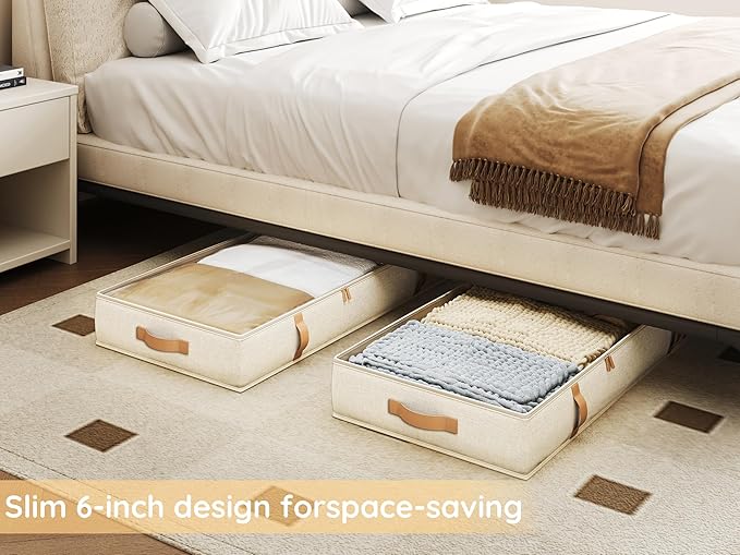 Vailando Under Bed Storage Containers, 6 Inches Tall 60L Underbed Storage Bins with Leather Handles and Sidewalls, Closet Organizer for Clothes, Blankets, Seasonal Items, Beige with Brown, 2-Pack