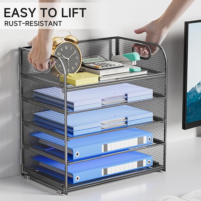 5-Tier Stackable Paper Organizer with Handle, Gray Metal Mesh Letter Tray | Modern Desk File Sorter for Office, Home & Classroom Organization