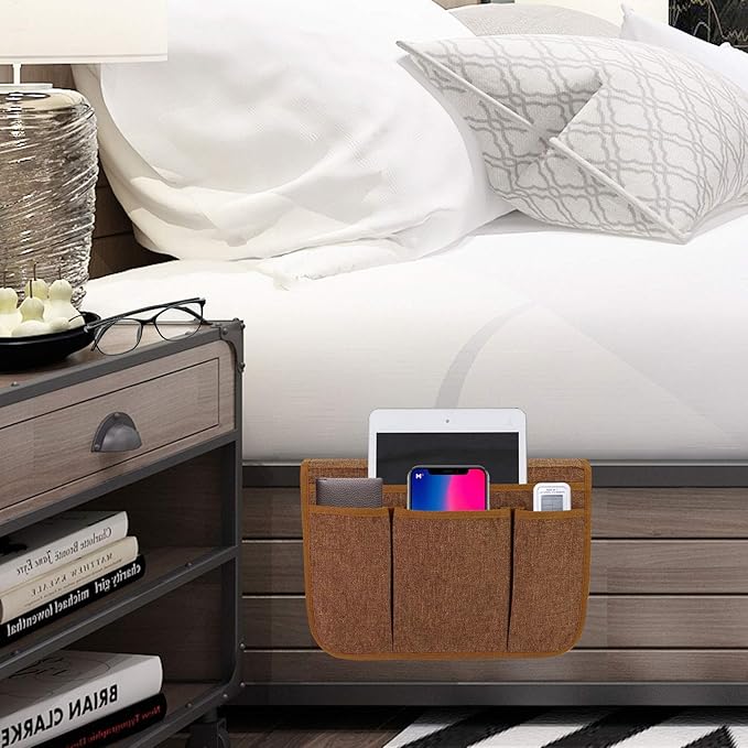 Bedside Caddy Bedside Storage Organizer Magazine Phone Tablet iPad Remote Holder, Organizer Caddy for Home College Dorm Bed, Sofa, Bunk Bed (Chocolate)