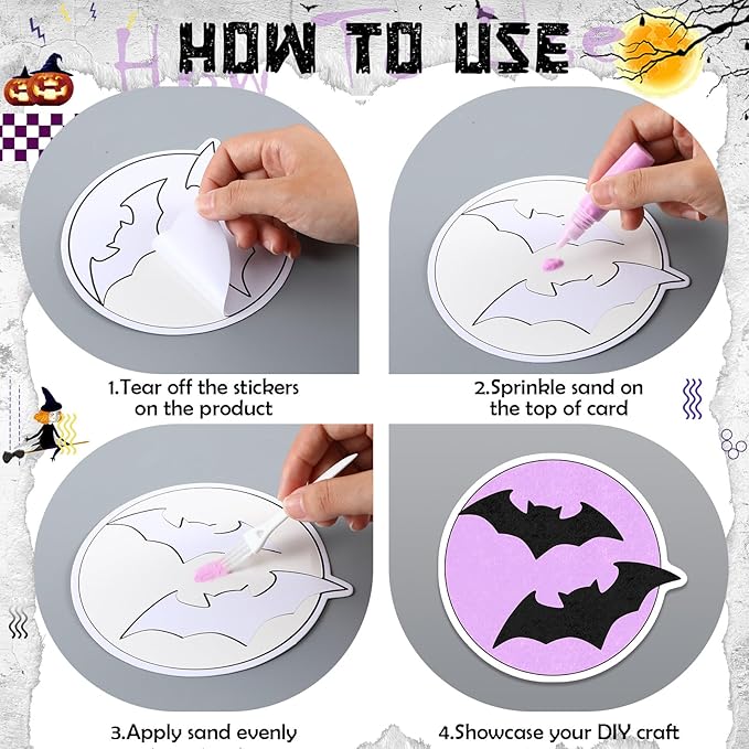 24 Sets Halloween Sand Art Craft Kit for Kids Halloween Pumpkin Candy Ghost Witch Cat Bat Painting Kit with Colored Sand Brushes Create Your Own Sand Art for Halloween Party Fun Activities