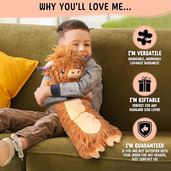 Brown Highland Cow Microwavable & Weighted Stuffed Animals - Unscented Heatable Plush Doll, Cute Cow Plush Toys Gifts for Girls Boys and Kids, Happy Fuel