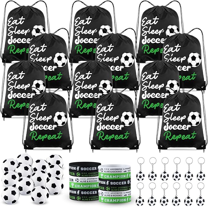 48 Pcs Soccer Party Favors for Kids Include 12 Soccer Drawstring Bags, 12 Soccer Keychain, 12 Silicone Soccer Bracelets, 12 Mini Stress Ball for Sports Birthday Party Supplies Decorations