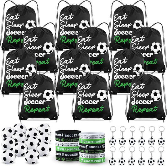 48 Pcs Soccer Party Favors for Kids Include 12 Soccer Drawstring Bags, 12 Soccer Keychain, 12 Silicone Soccer Bracelets, 12 Mini Stress Ball for Sports Birthday Party Supplies Decorations