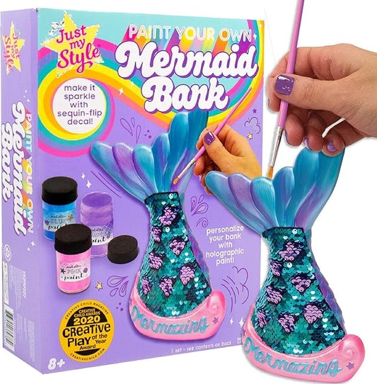 Just My Style Paint Your Own Mermaid Bank by Horizon Group USA. Paint & Decorate Your Own Coin Bank with Color Changing Sequin Decal & Metallic Holographic Paints, Blue