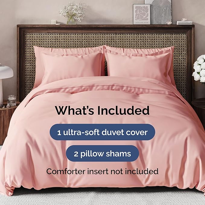 CGK Unlimited Duvet Cover Size Set - Extra Soft Duvet Cover with 2 Pillow Shams - Hotel Luxury Easy Care and Fade Free w/Zipper Closures & Ties - Breathable Bedding Set (Baby Pink)