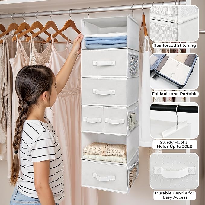 GRANNY SAYS Hanging Closet Organizer and Storage, 6 Shelf Clothes Organization with Drawers, 6 Side Pockets Closet Hanging Shelves for Bras, Socks, Underwear, Nursery Room, Wardrobe, White, 1-Pack