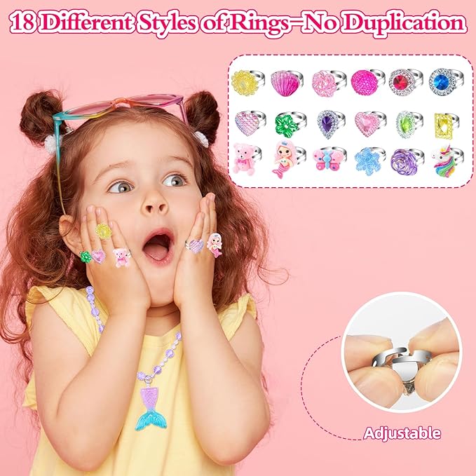 Jewelry Toys for Girls, Adjustable Rings, Bracelets, Necklaces, Butterfly Hair Clips, Toddler Bows, Unicorns Kids Toys Set for Princess Dress Up, Christmas Birthday Gifts, 3 4 5 6 7 8 9+ Year Old Girl