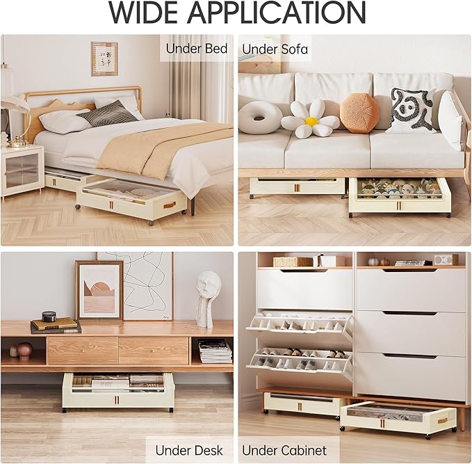 Yecaye Under Bed Storage with Wheels, 2 Pack Under Bed Storage Containers, 60L Underbed Shoe Storage with Clear Window & Label, Rolling Under Bed Metal Drawer for Clothes, Shoes, Books, Blankets