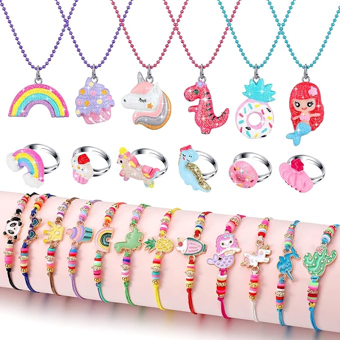 24 Pcs Little Girl Jewelry Set Kids Unicorn Necklace Cute Woven Bracelet Ring for Girls Pretend Dress up Party Favor (Cute Style)