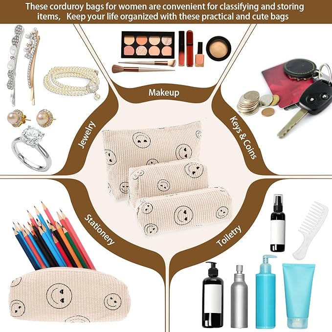 Huhumy 3 Pcs Makeup Bag Set for Women Corduroy Cosmetic Pouch Aesthetic Smile Travel Toiletry Bag Cute Purse Pouch Pencil Case Makeup Brushes Storage Organizer for Valentine(Black,Solid Style)