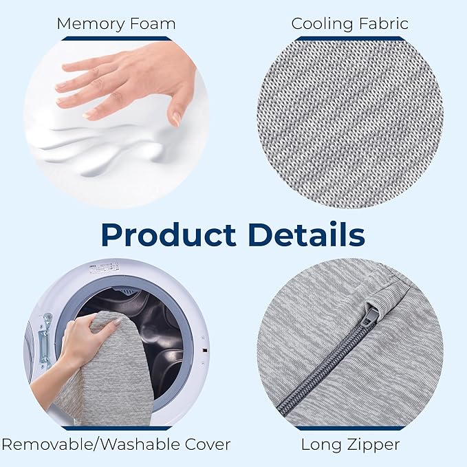 5 STARS UNITED Knee Pillow for Back Sleeping – Cooling Cover - Memory Foam Cushion for Sciatica Pain Relief – Under Leg Support for Sleeping on Back – Half Moon Bolster for Bed, Arctic Gray