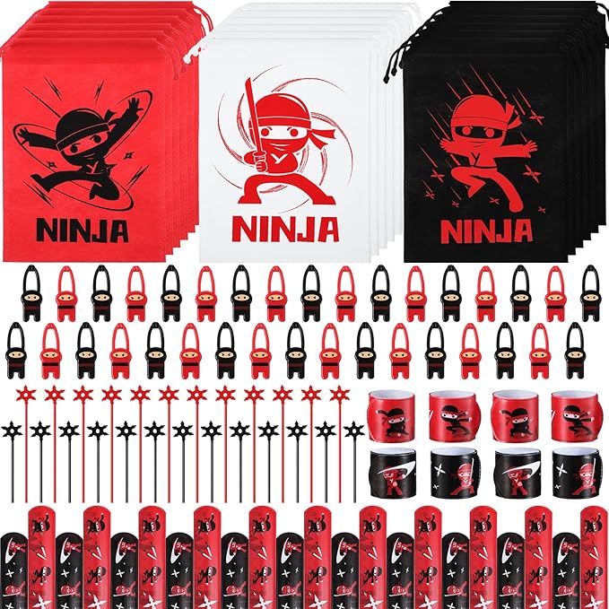 Cindeer 18 Set Ninja Party Favors, Includes Ninja Theme Drawstring Bags, Stretchy Flying Ninjas and Stars Slingshots Stretch Toys, Slap Bracelets for Karate Ninja Birthday Party Favor Supplies