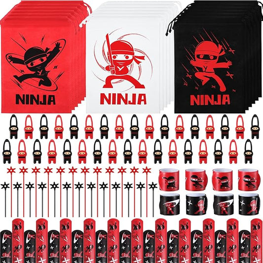 Cindeer 18 Set Ninja Party Favors, Includes Ninja Theme Drawstring Bags, Stretchy Flying Ninjas and Stars Slingshots Stretch Toys, Slap Bracelets for Karate Ninja Birthday Party Favor Supplies