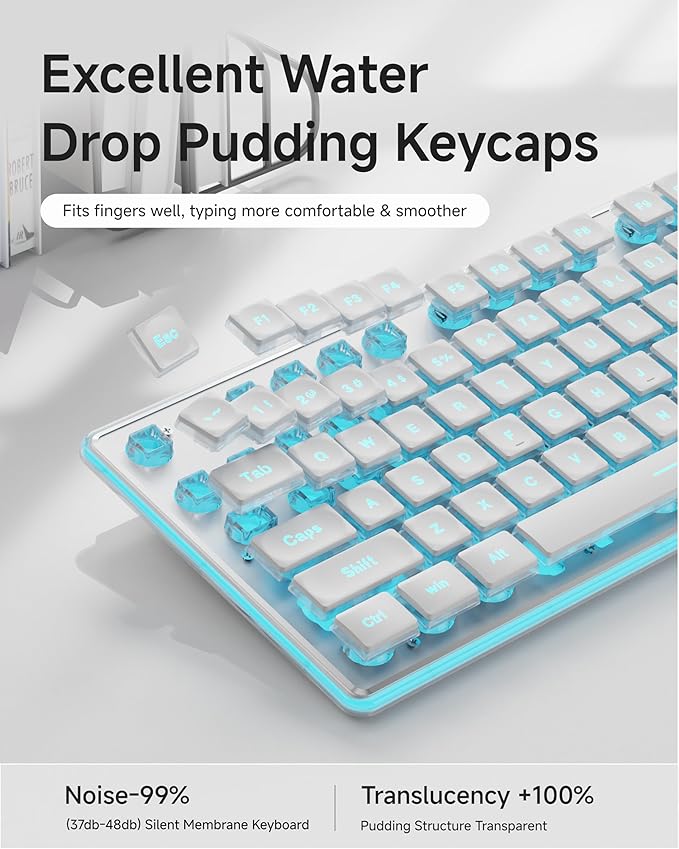 GX710S Backlit Computer Keyboards, Wired USB Keyboard with Blue Backlit, Metal Panel, Plug and Play, Pudding Keycaps Full Size Quite Computer Keyboard for Win/PC/Laptop-White