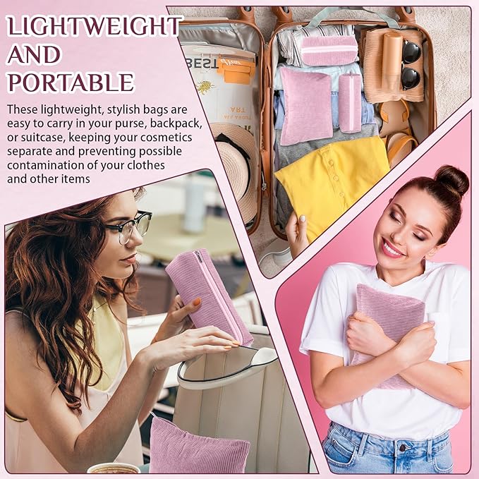 Huhumy 3 Pcs Makeup Bag Set for Women Corduroy Cosmetic Pouch Aesthetic Smile Travel Toiletry Bag Cute Purse Pouch Pencil Case Makeup Brushes Storage Organizer for Valentine(Rose Pink,Solid Style)