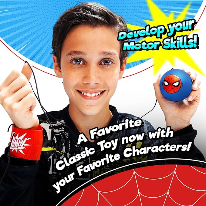 JA-RU Marvel Spiderman Sports Wrist Bounce Back Balls (1 Unit) Super Heroes Wristband Return Balls Toys, Durable Foam String Attached Rebound Ball, Kids & Adults, Fidget Stress Toy 6820-1