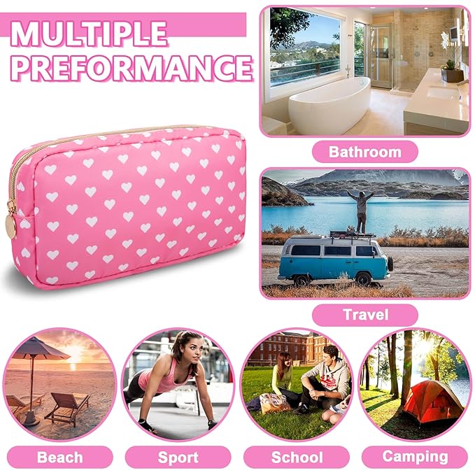 UIXIZQ Small Makeup Pouch for Purse，Nylon Travel Toiletry Storage Cute Preppy Cosmetic Bag for Women Girls，Waterproof Makeup Organizer Pouch Skincare Purse with Zipper (Small-Pink Heart)