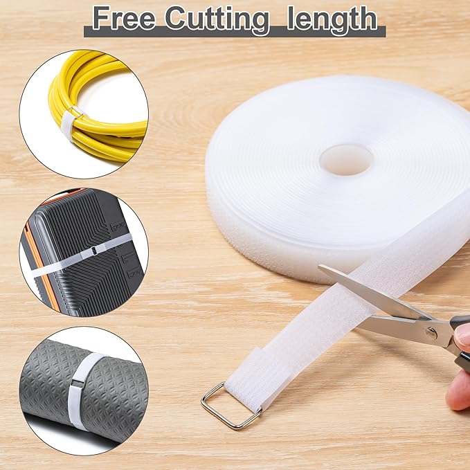 1" x16Ft Hook and Loop Straps with 25 Metal Buckles, Adjustable Fastening Cable Straps, Free Cut Length, Reusable Nylon Cable Ties for Organizer or Storage, White