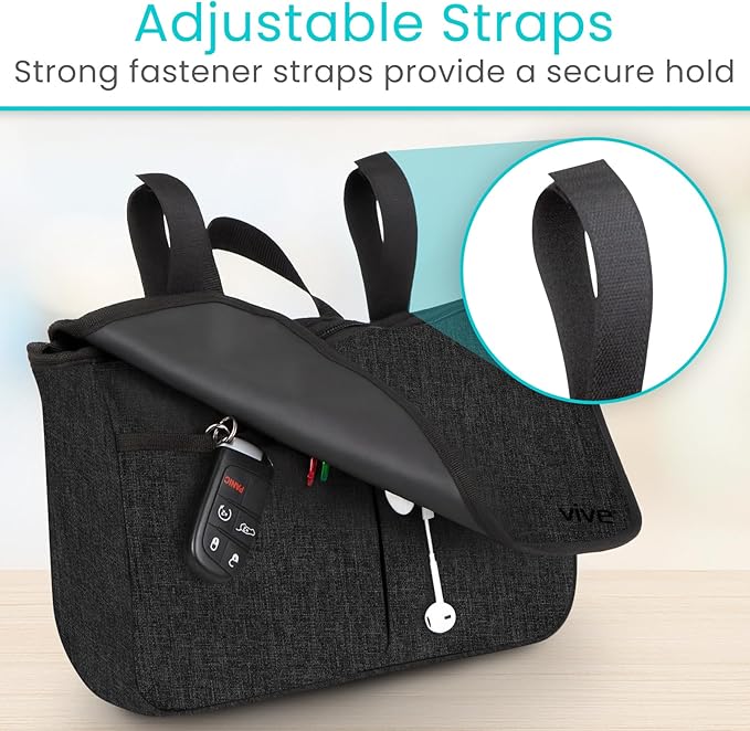 Vive Wheelchair Carry Bag - Arm Rest Pouch for Rollator, Walkers, Power Wheel Chairs and Knee Scooters - Side Storage Organizer for Elderly, Seniors, Adults (Black)
