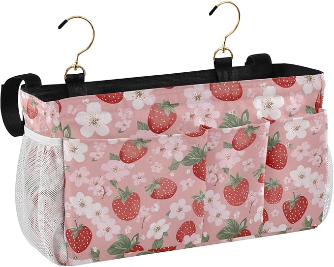 Pink Blossoms and Strawberries Bedside Caddy for Dorm Bed Bedside Hanging Caddy Bag Iron Frame Storage Organizer Pocket for Bunk Home College Hospital Beds 2 Hooks
