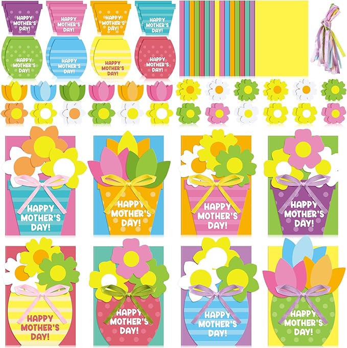 Geyee 16 Sets Mother's Day Greeting Card Kit for Kids Flower Pots Card Making Kit with Ribbon Happy Mothers Day DIY Art and Craft Projects Gifts for Kids Classroom Game Home Activities