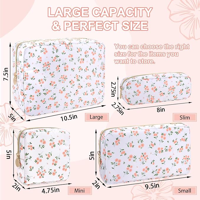 UIXIZQ Waterproof Mini Floral Makeup Bag Pouch for Purse,Nylon Flower Cosmetic Travel Bag Small Preppy Toiletry Organizers Bag for Women Girl,Cute Zipper Pouch Coin Purse for Work(Mini White-Flowers)