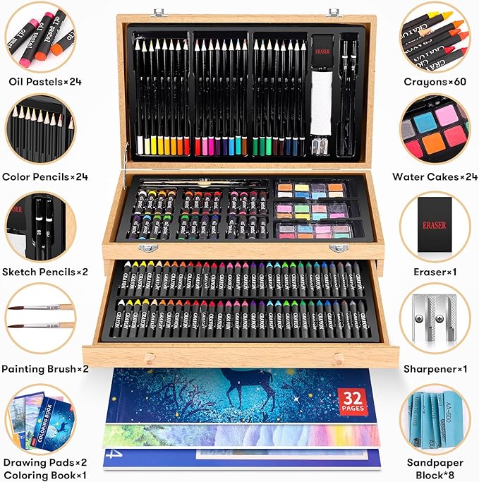 iBayam Art Supplies, 150-Pack Deluxe Wooden Art Set Crafts Drawing Painting Kit with 1 Coloring Book, 2 Sketch Pads, Creative Gift Box for Adults Artist Beginners Kids Girls Boys