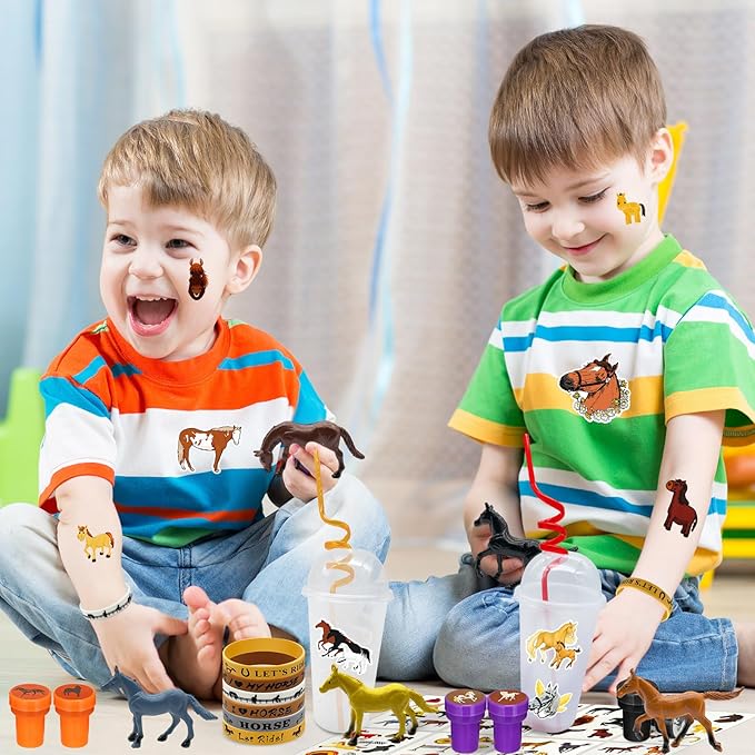 122 Pcs Horse Party Favors, Farmhouse Pony Party Supplies with Cup Straw Tattoo Sticker Goodie Bags Fillers Treat Bag Gifts Classroom Rewards for Cowboy Pinatas Western Horses Birthday Party(Horse)