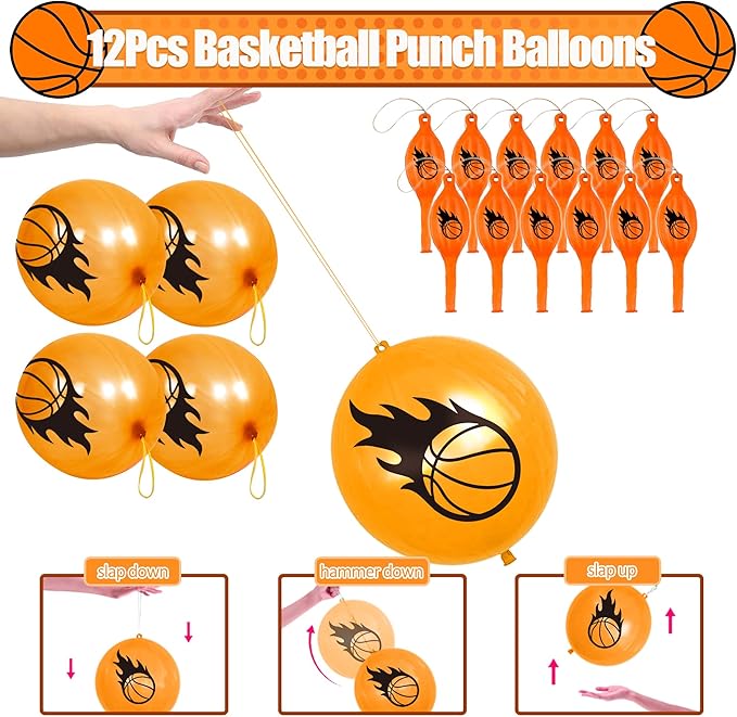 Basketball Party Favors Birthday Supplies 60pcs Buck Silicone Bracelets Punch Balloons Basketball Stress Ball Stamp Scratch Art Set For Kids Pinata Stuffer Boys Girls