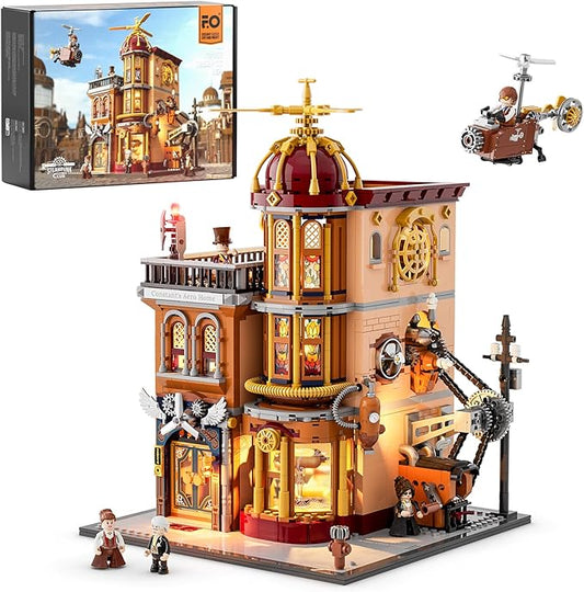 FUNWHOLE Steampunk Flying Club Lighting Building-Bricks Set - 1871 Pcs Modular Building Blocks Display Collectible Set for Adults