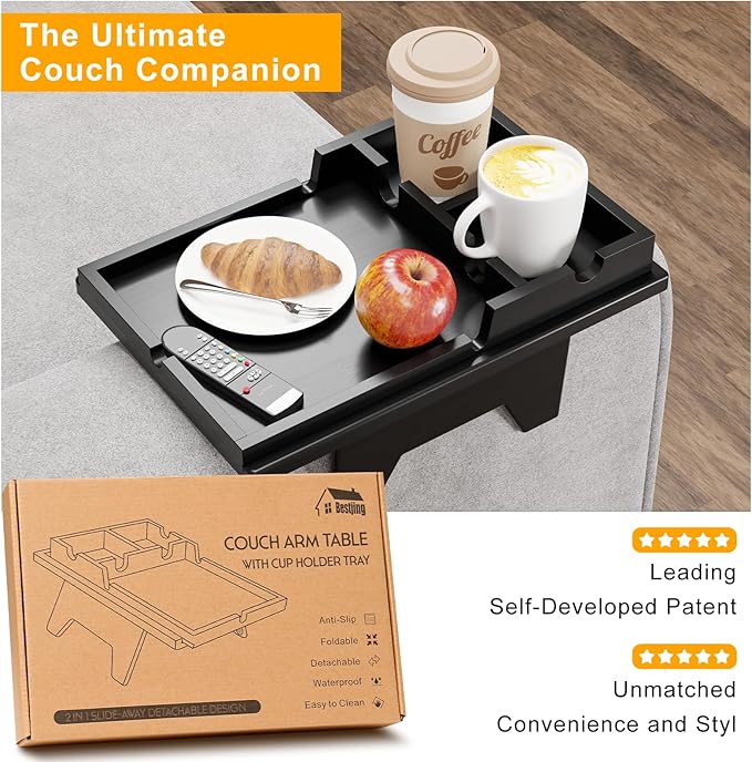 Bamboo Couch Cup Holder Tray - 2 in 1 Couch Armrest Table with Be Slide-Away Detachable Double Holder - Foldable Sofa Armchair Caddy for Drinking Snacks iPad TV Remote (Black)
